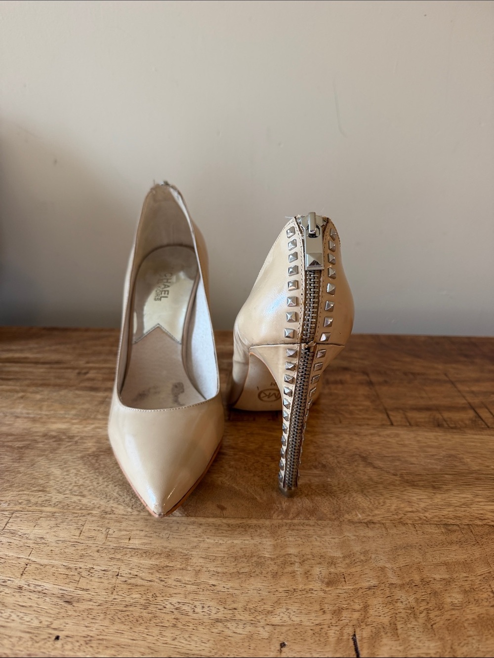 Michael Kors Beige Patent Leather Studded Zip-Heel Pumps